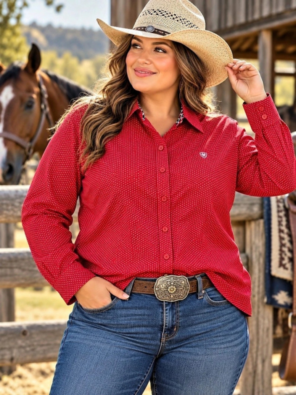 Ariat REAL Women's Fitted Kirby Stretch Red Print Long Sleeve Western Shirt XXL